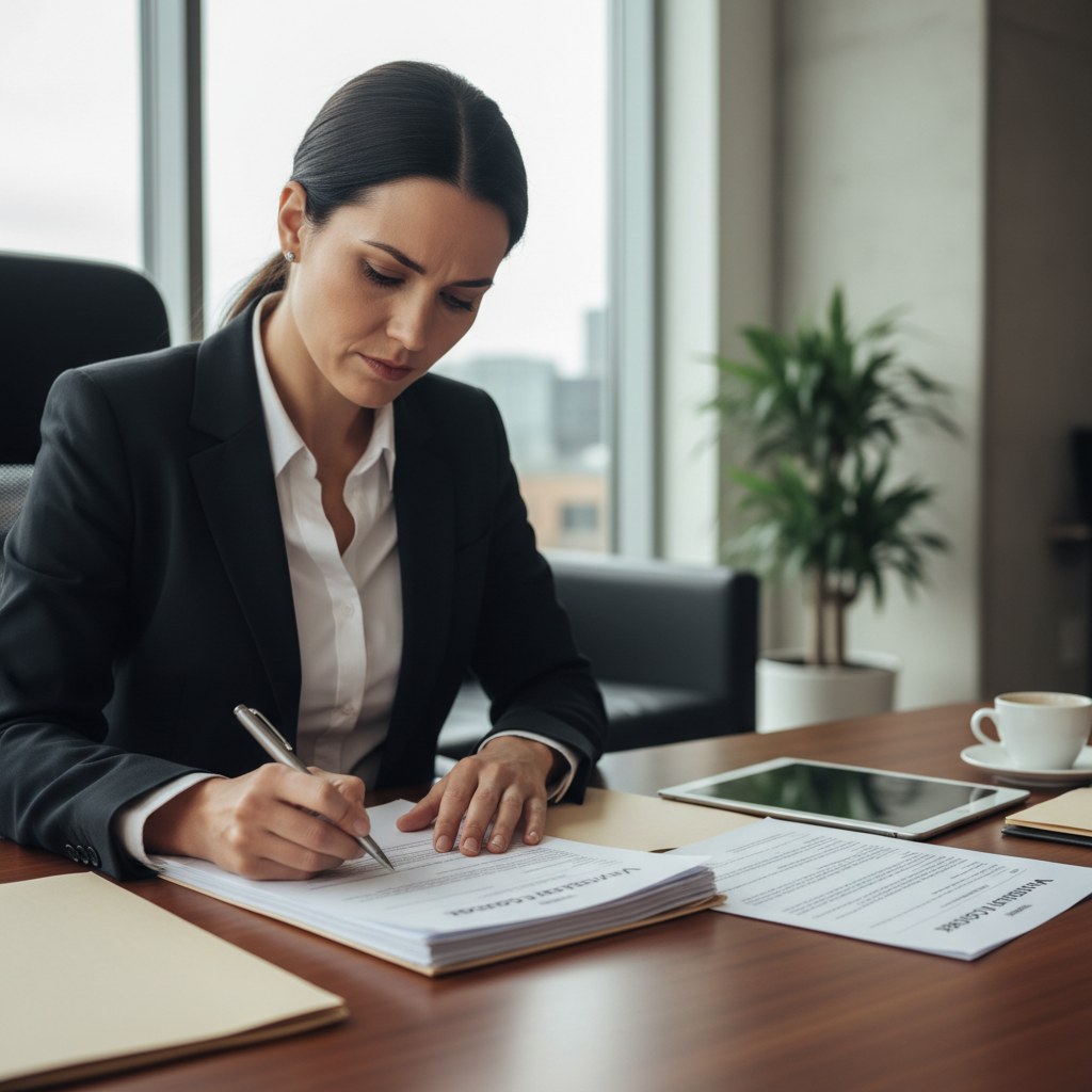Business professionals reviewing loan documents and financial paperwork